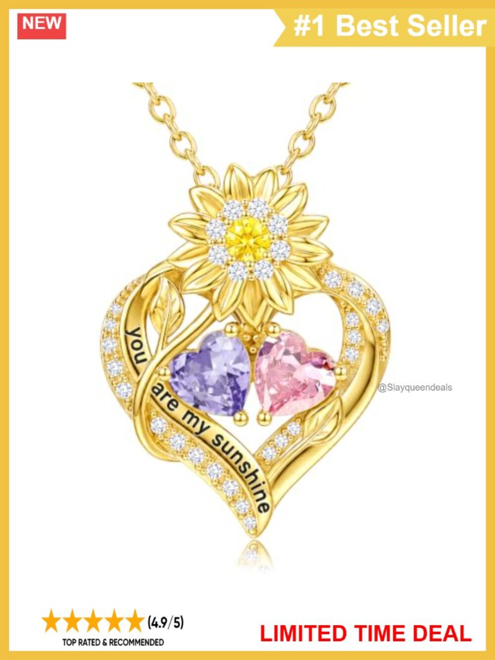 14K Gold Sunflower Double Birthstone Heart Necklace
